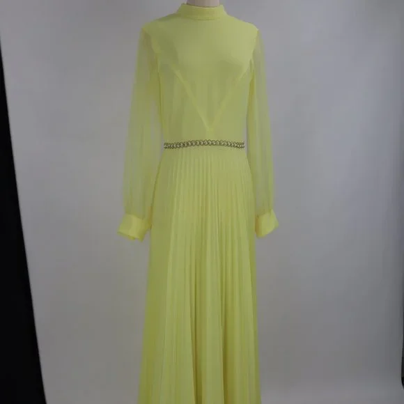 Vtg 1970's Yellow Formal Long Party Dress Gown Cocktail Hippie Prairie Boho S - Picture 2 of 12